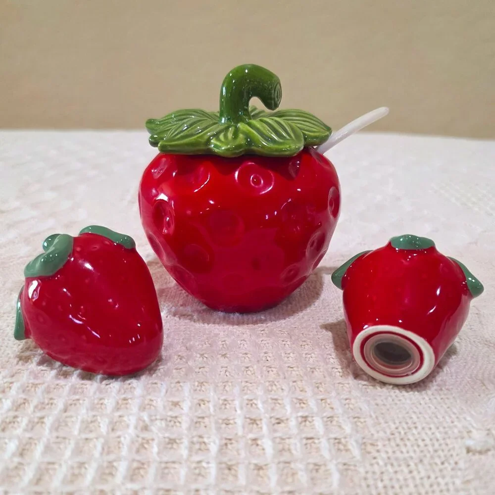 Vintage Brinn's Ceramic Strawberry Jam Jar and Salt & Pepper Shakers PA